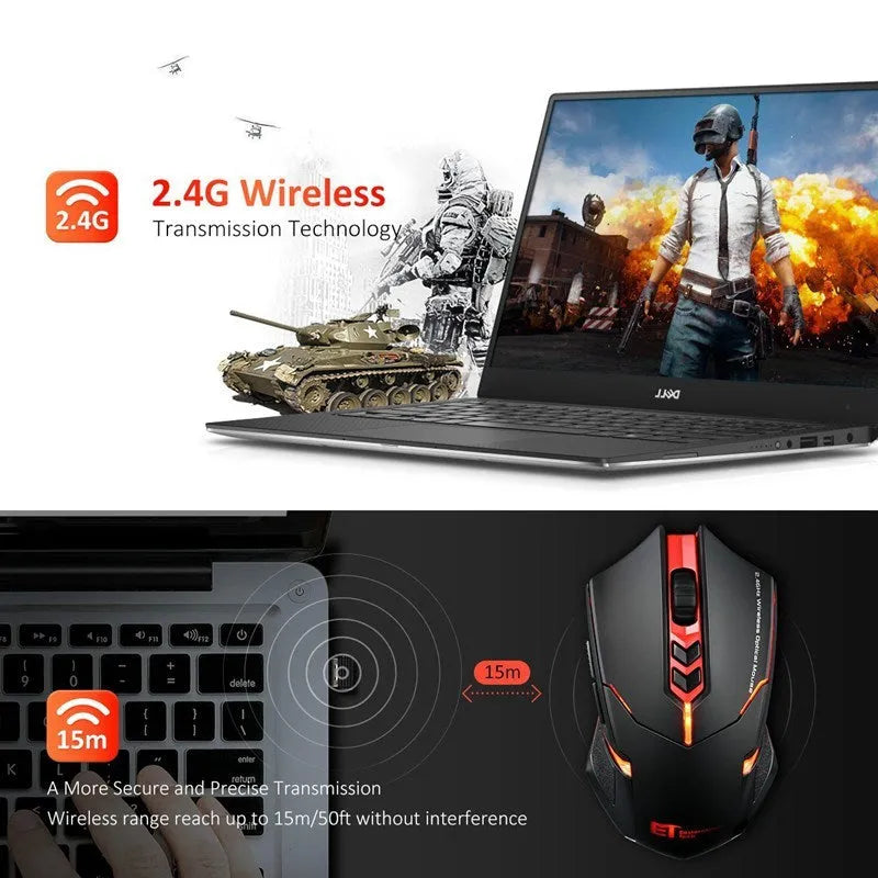 Wireless mouse with silent buttons, LED backlight, and adjustable DPI, available in blue or red