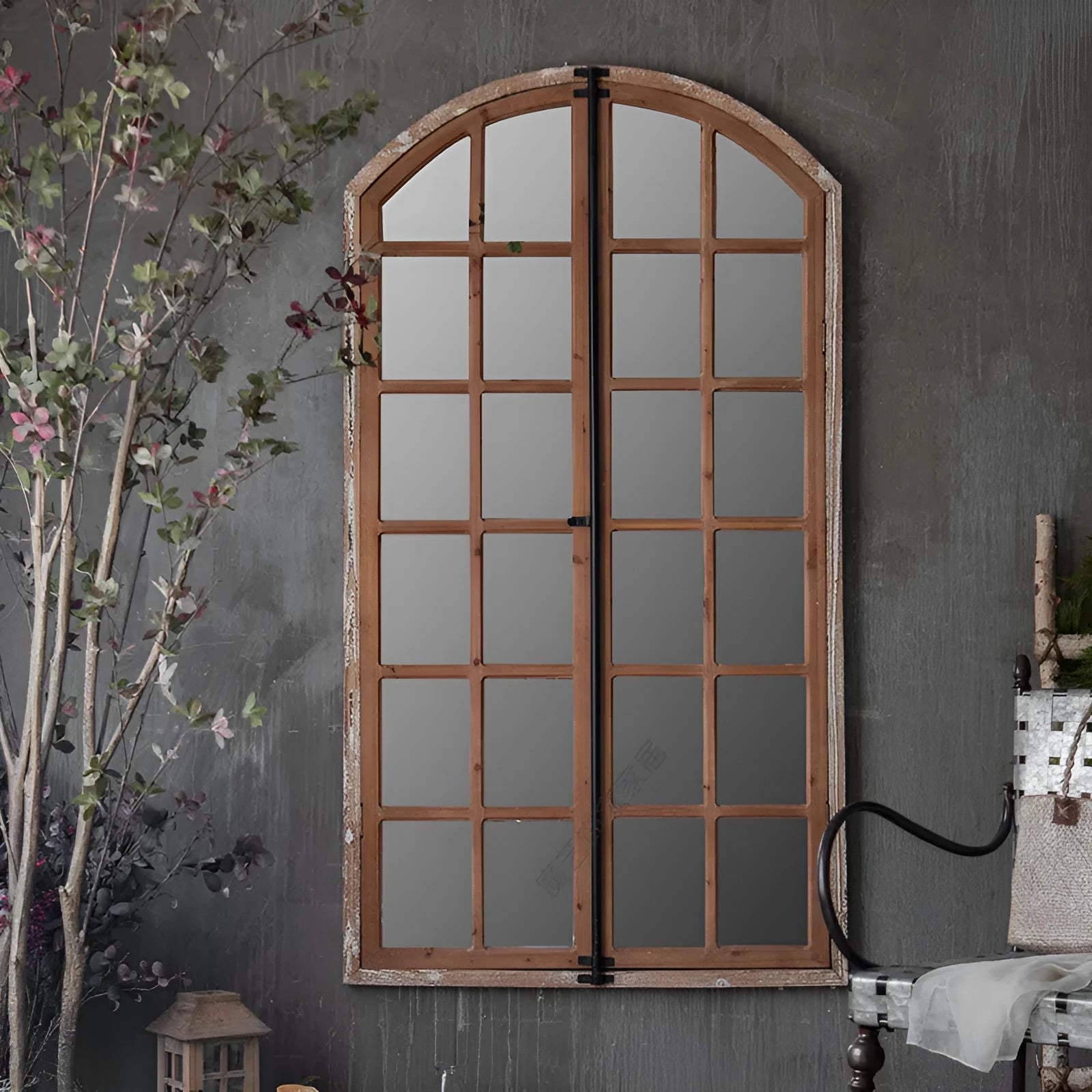 Terrace log colour wooden frame fake window wall mirror on a plain wall.