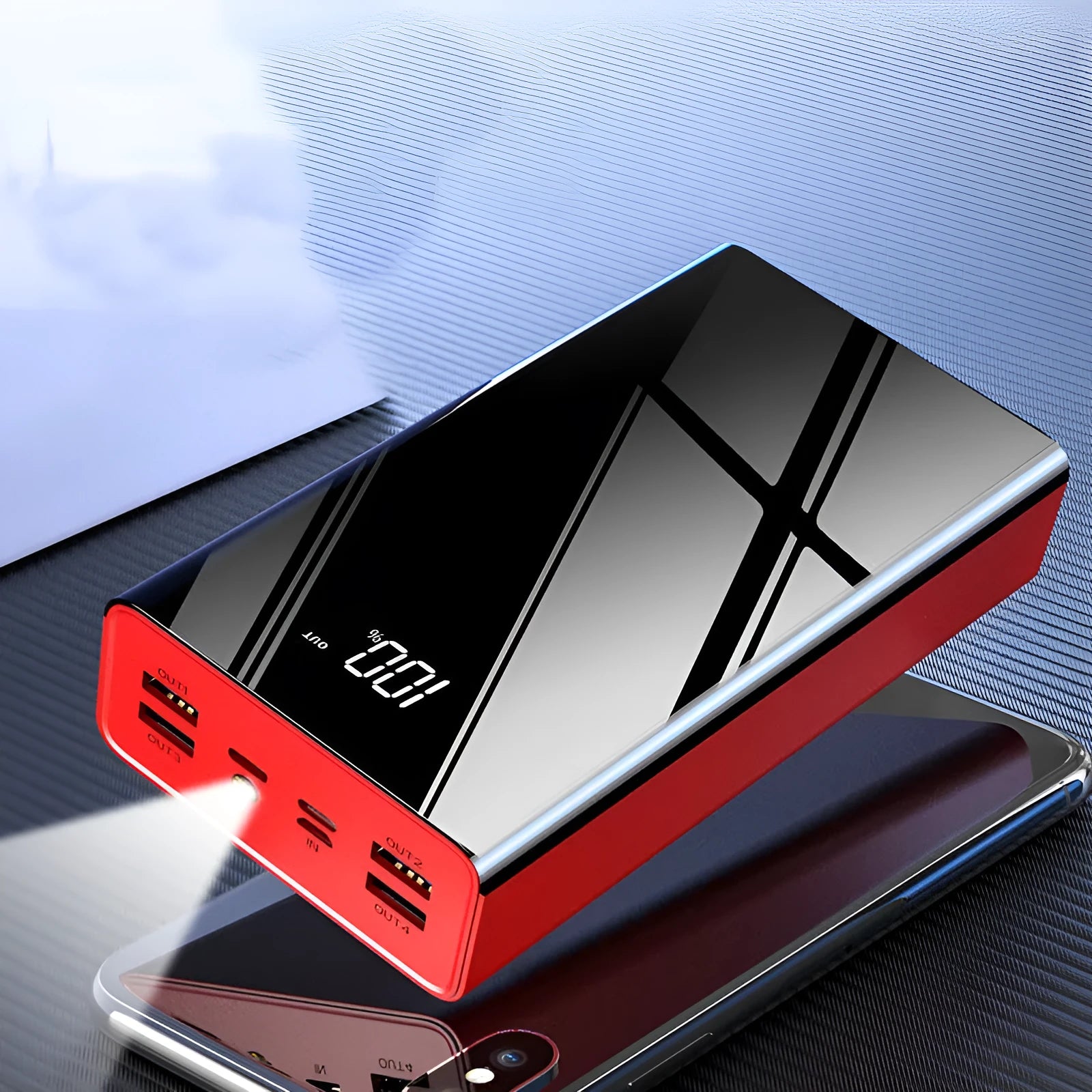 Large 40000mAh power bank with LCD display in red or black colour