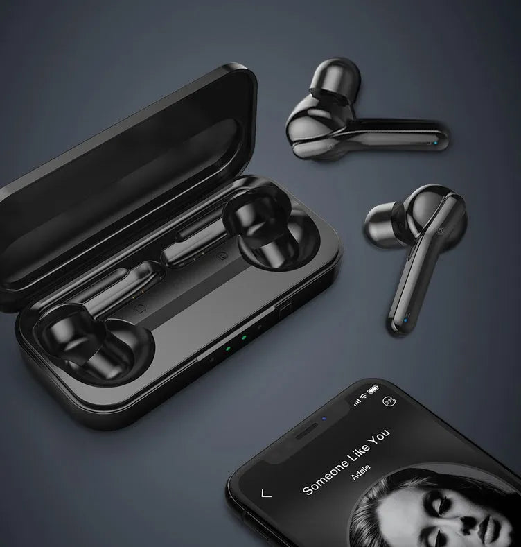 Black and white true wireless stereo earbuds with in-ear design and Bluetooth 5.0.