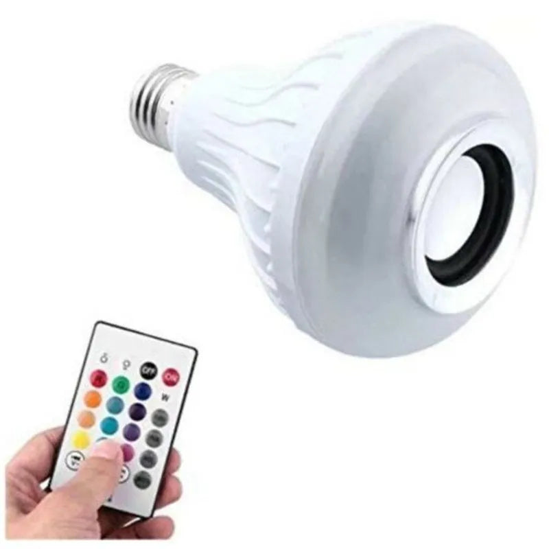 White Bluetooth speaker LED bulb with E27 screw base and remote control for 16 colour lighting.