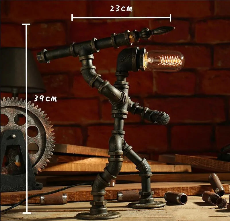 Robot Table Lamp vintage industrial desk light with iron pipe design green bronze finish
