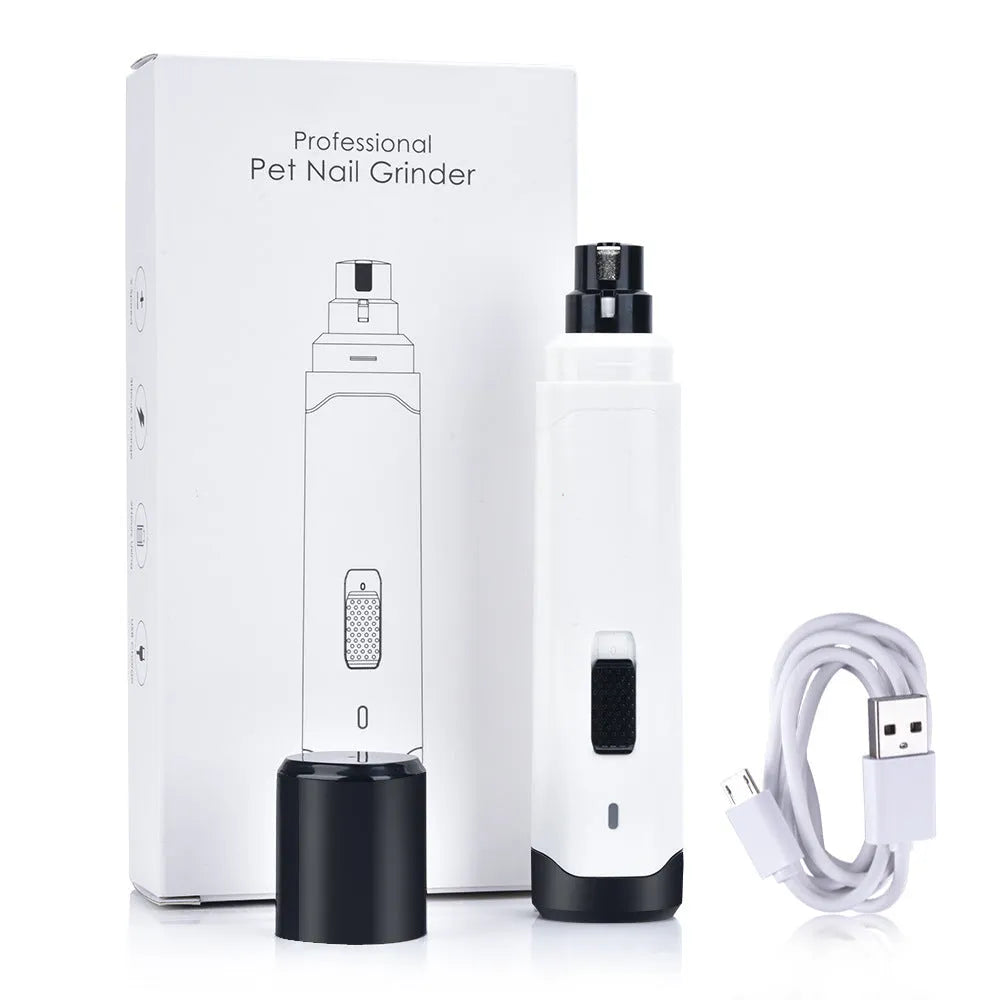 Blue pet nail polisher with USB cable on white background, compact size 17x10x4.2cm