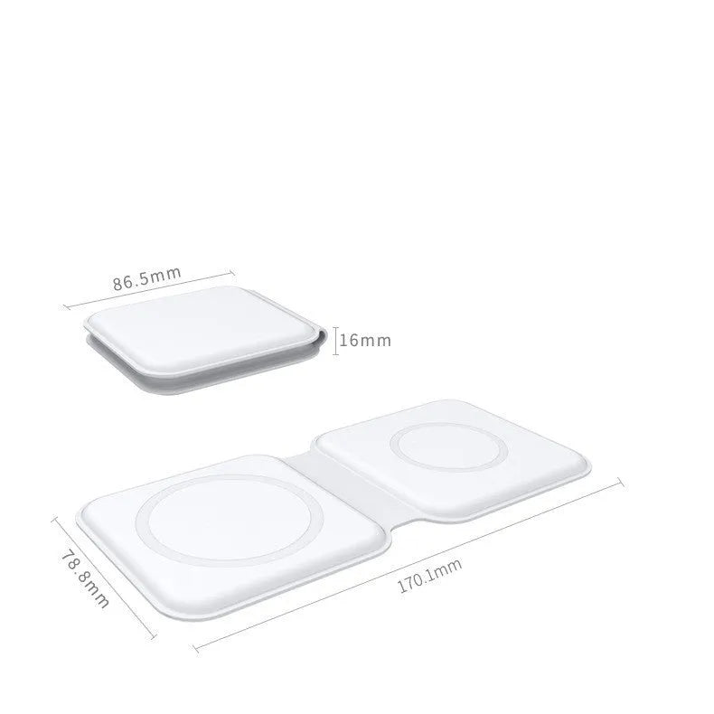 White foldable magnetic wireless charger charging two phones simultaneously on angled stand
