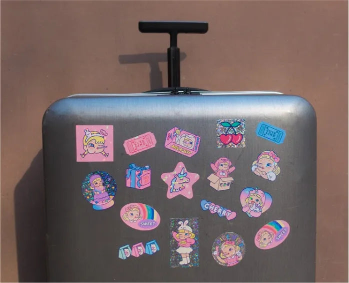 Square PVC cartoon sticker set with 16 stickers and storage box in comics style
