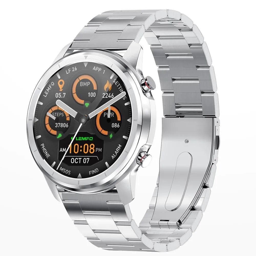 LEMFO LF26 smart bracelet on a wrist, showing its 1.3-inch screen and side button.