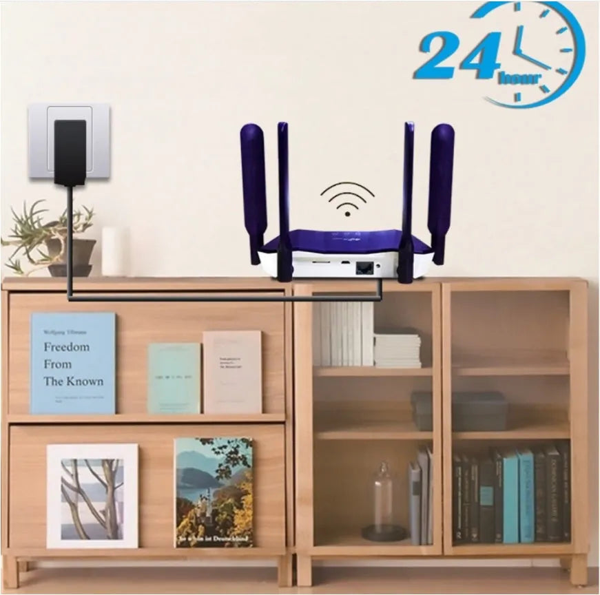 Blue 4G dual-mode router with four external antennas on a desk