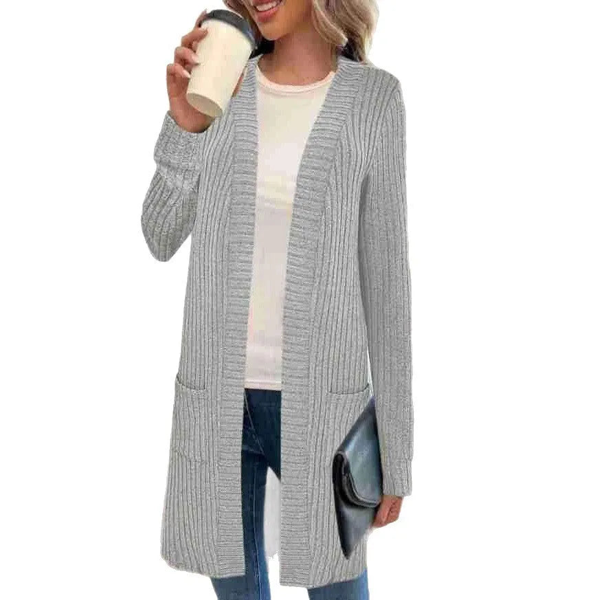 Long sleeve loose pocket cardigan jacket in polyester, shown in black, wine red, or grey.