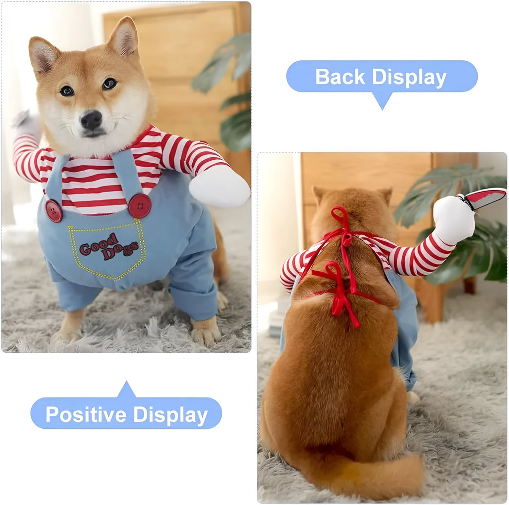 Striped Halloween harness pants costume for a dog or cat with a knife prop, showing the 3-piece set.