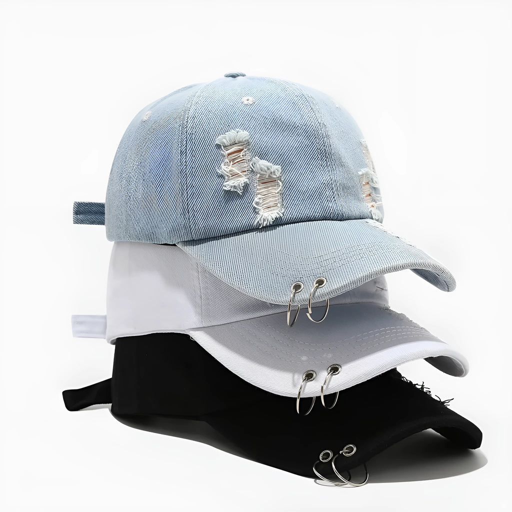 Men's black denim peaked cap with a dome crown on an adjustable strap.