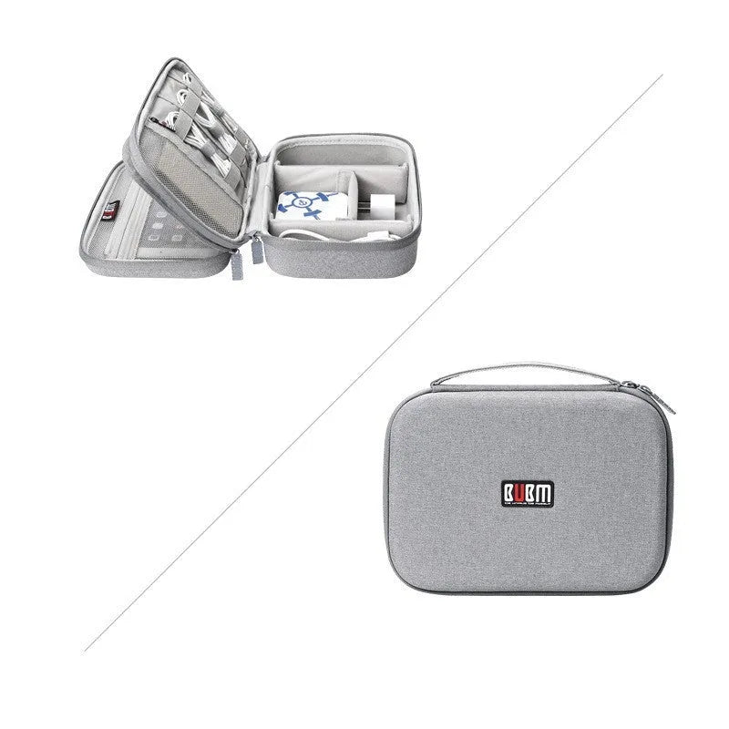 Black and grey EVA digital storage bag for headphones and cables, showing hand bag shape.