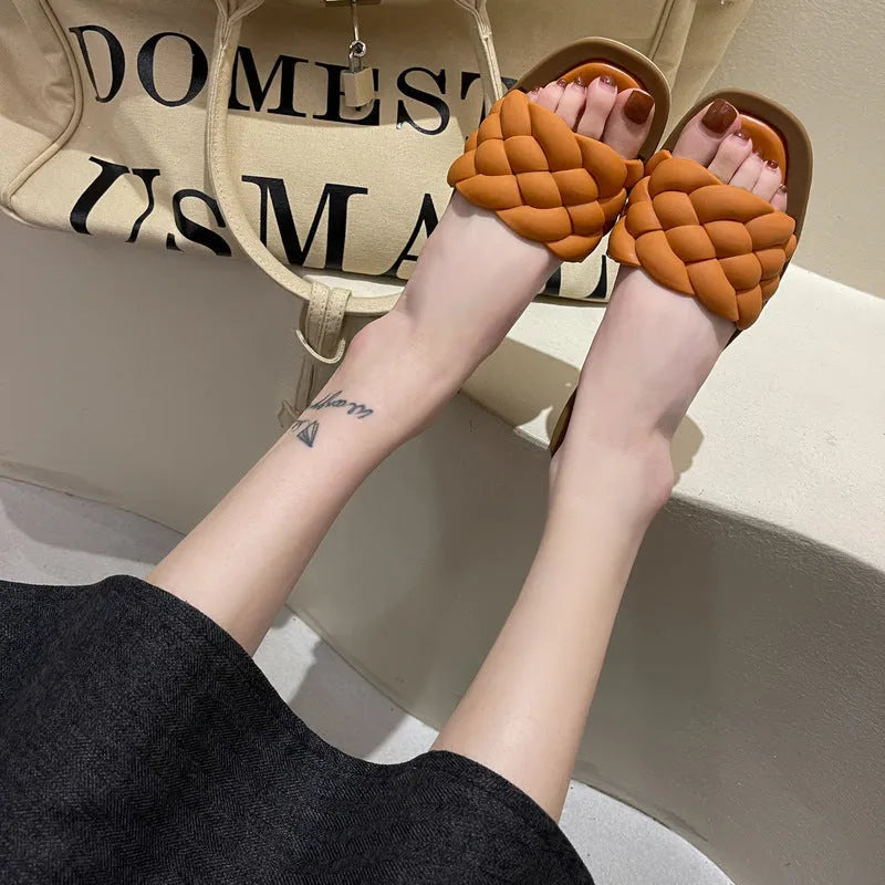 Women's plaid pattern sandals with a thick anti-skid PVC sole in black, green, orange, or white.