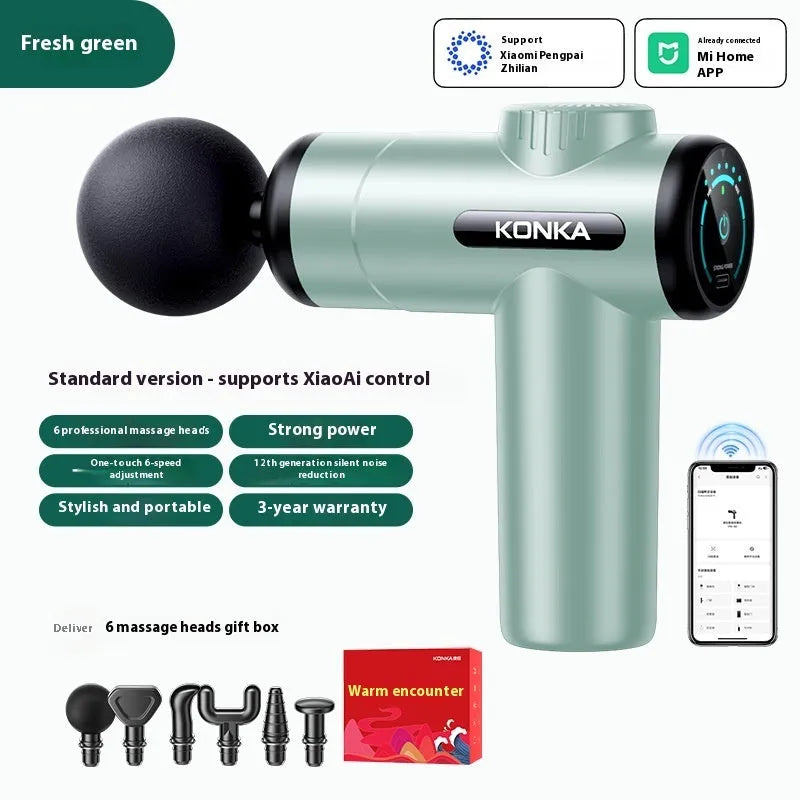 Konka V19 mini electric massage gun in grey colour with multiple massage heads on a red box.
