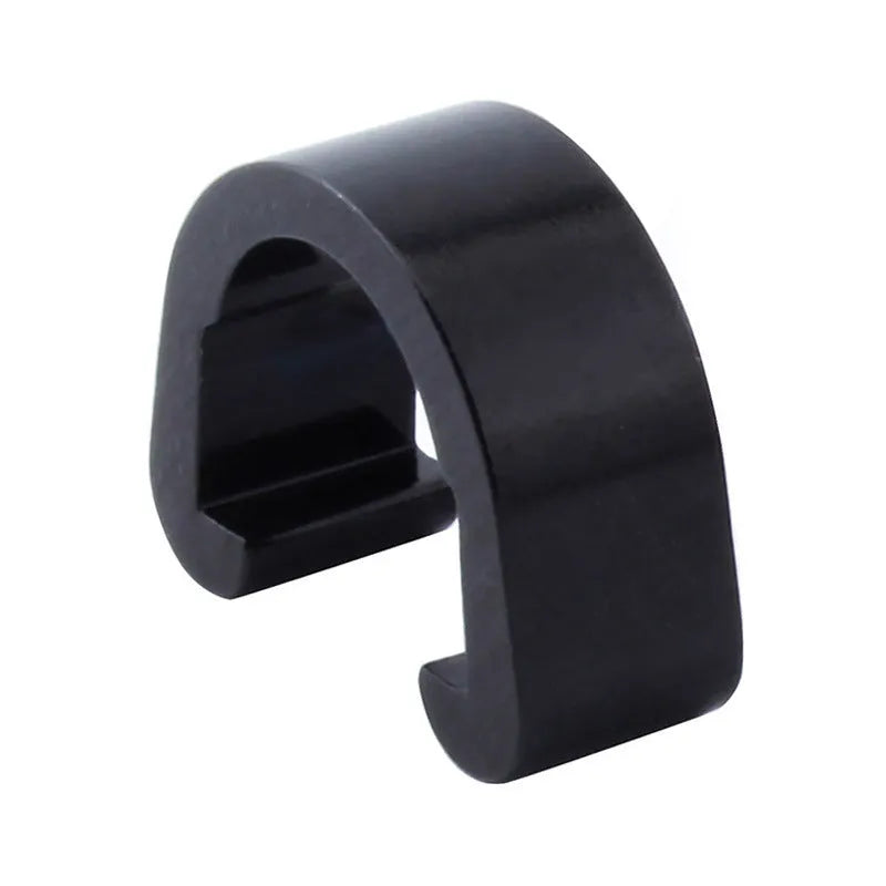 Set of ten small aluminium alloy C-shaped buckles in assorted colours including black, blue, gold, and pink.