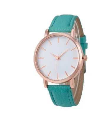 Square alloy case quartz watch with PU leather strap in various colours including grey, green, pink, and black.