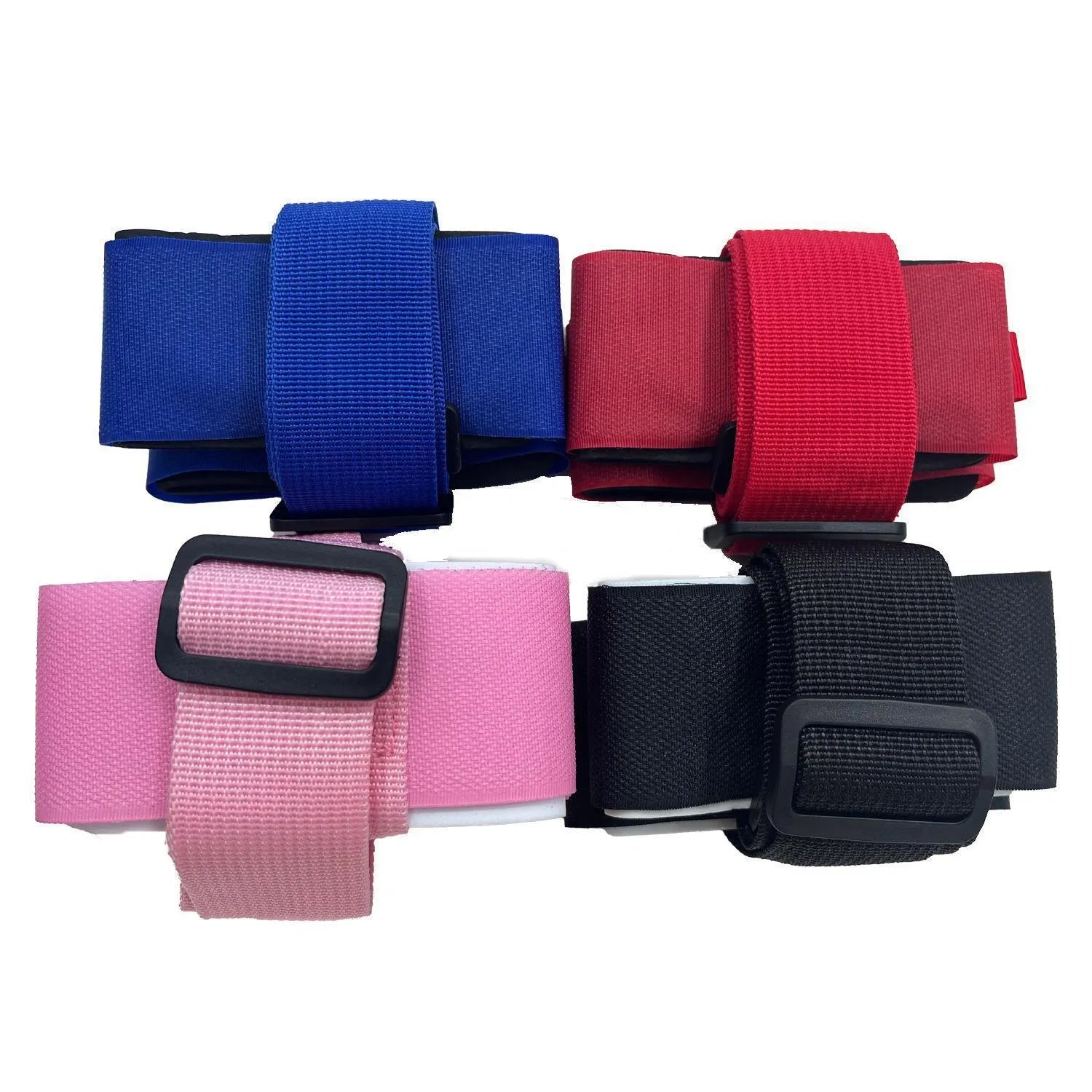 Adjustable hook and loop shoulder strap for a portable sled, shown in multiple colour options.