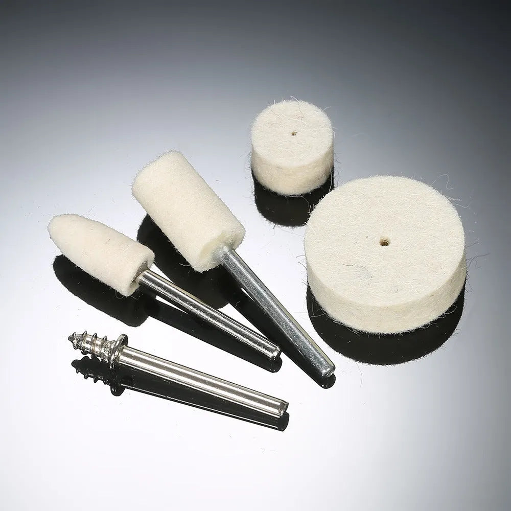 129-piece polishing wheel accessory set with wool and iron abrasive pads in white and metal finish on a white background