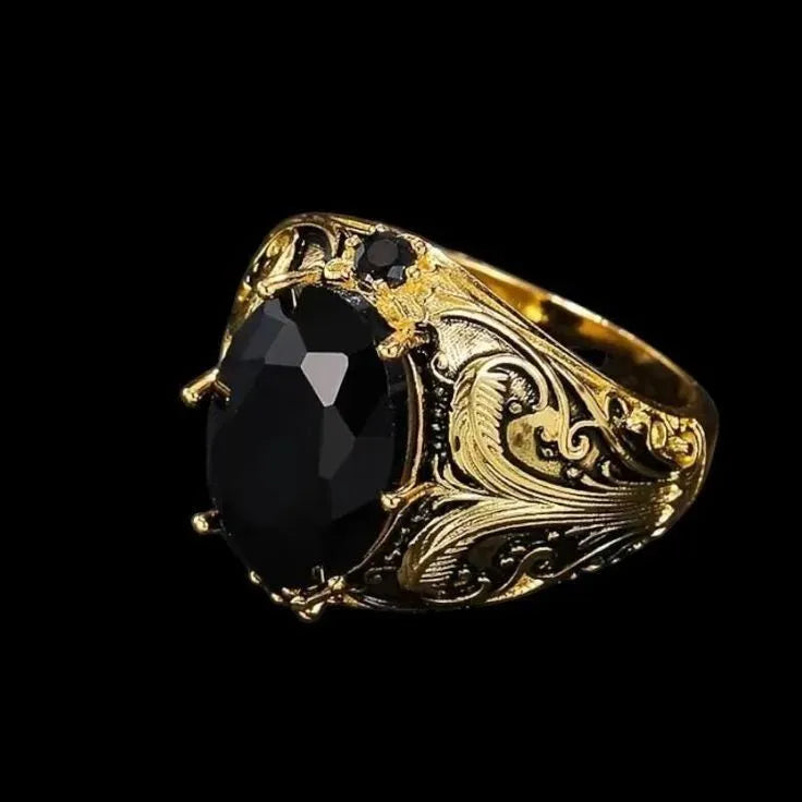 Silver geometric men's wide face ring with imitation ink colour gem and moonstone ornament