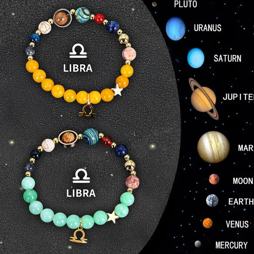 Two natural stone beaded bracelets for zodiac signs on a neutral background.
