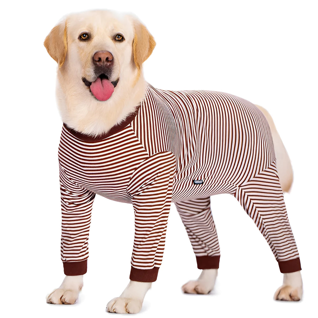 Four-legged striped dog shirt on Golden Retriever showing full coverage design with sky blue colour