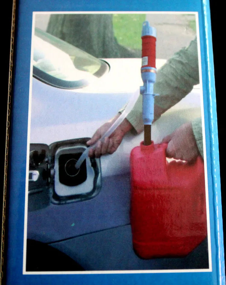 Blue or red manual hand siphon pump for transferring fuel and liquids