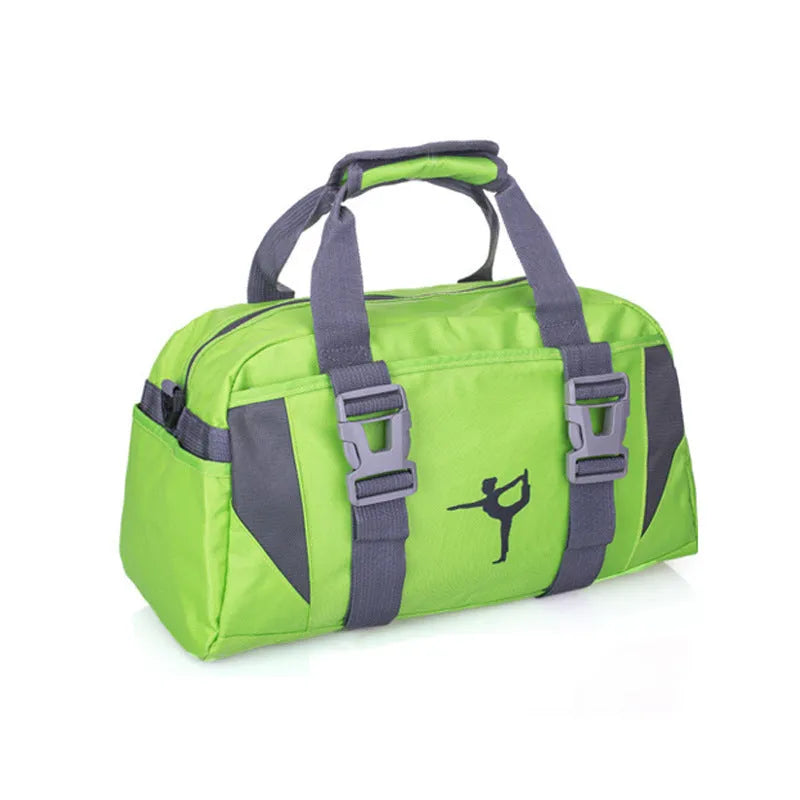 Black nylon yoga gym bag showing medium and large size options next to a yoga mat.