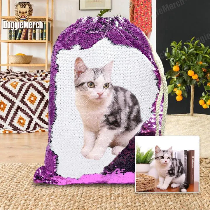 Custom purple sequins drawstring backpack with a printed dog photo, showing drawstring closure.