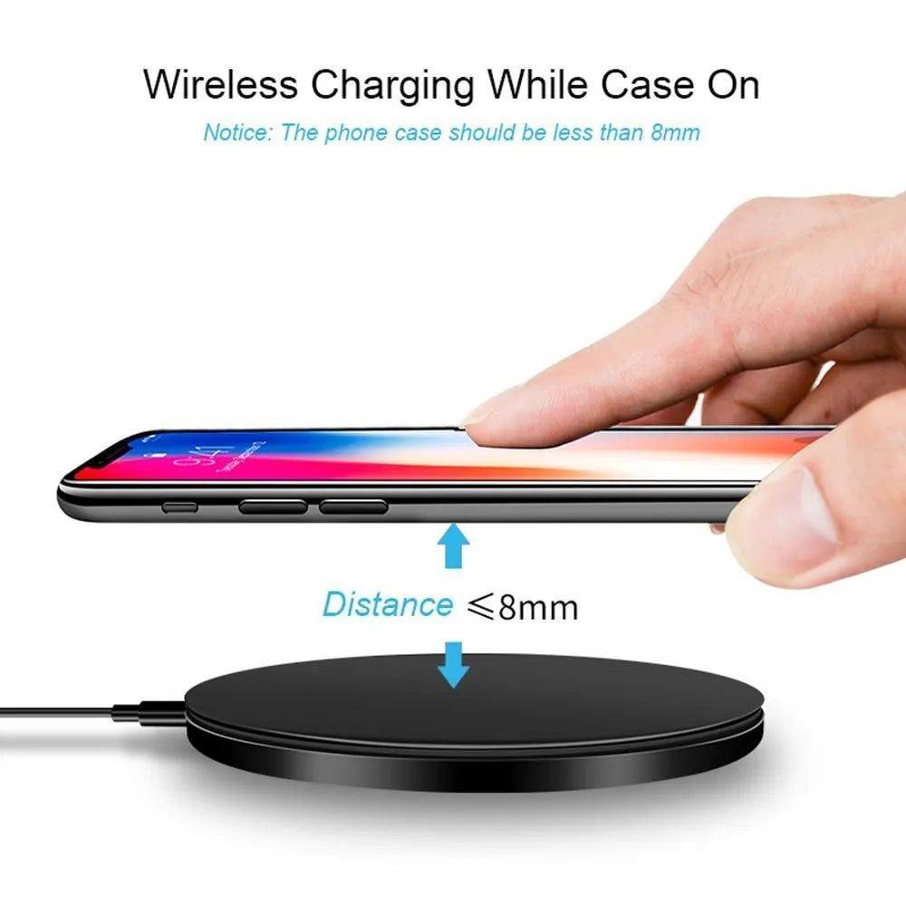 Ultra-thin black wireless charging pad with compact square design showing 9V fast charging capability