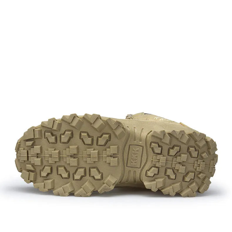 Men's black tactical military boots with rubber sole, US Army Delta style, on a neutral background.