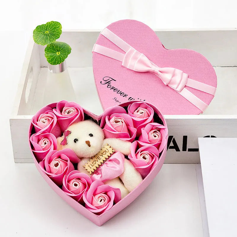 Handmade soap flower rose gift box with bear in pink, presented in a gift box