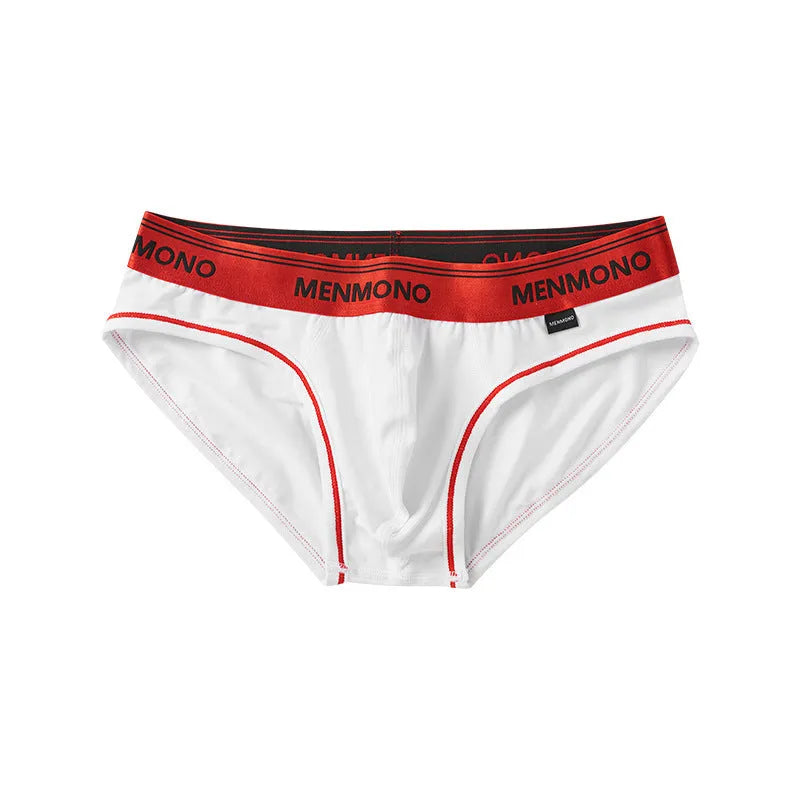 Men's low waist cotton briefs in a selection of solid colours including black and blue, white and red.