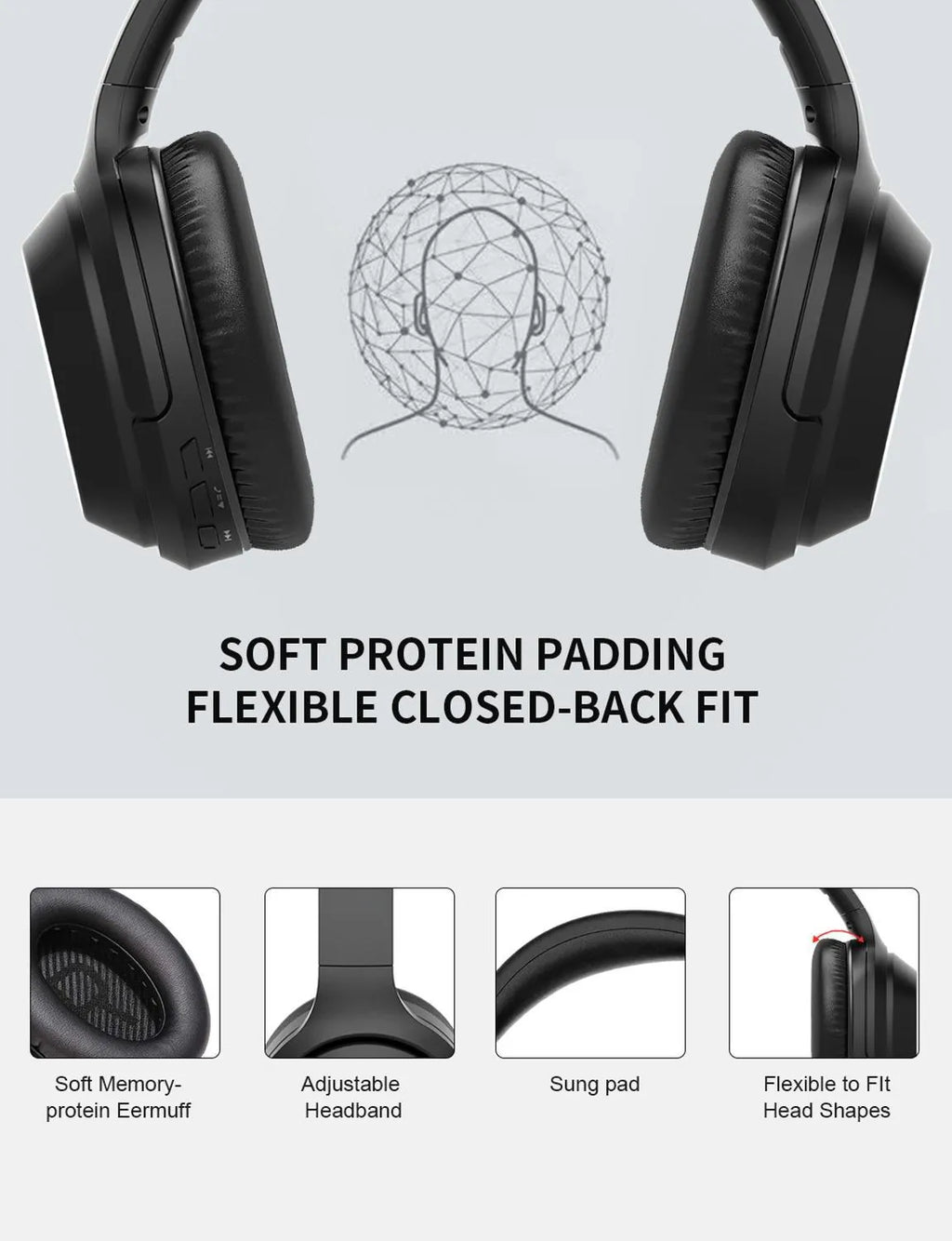 Black Gorsun E98 wireless Bluetooth over-ear headphones with adjustable headband and memory-protein ear cushions.