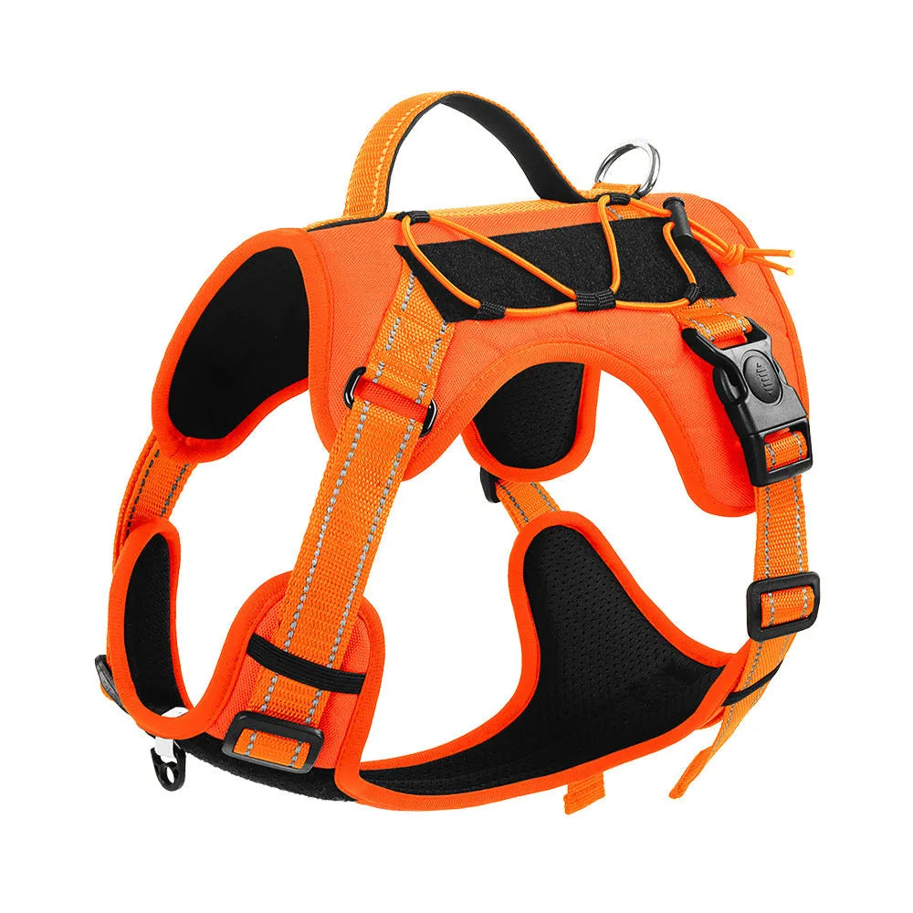Orange reflective dog harness with explosion-proof breast strap and black hand-holding rope laid flat