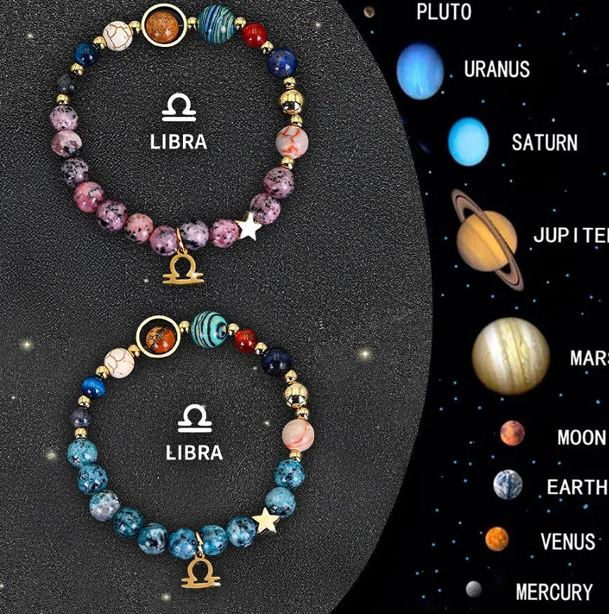 Two natural stone beaded zodiac bracelets laid side by side, showing different stone textures and colours.