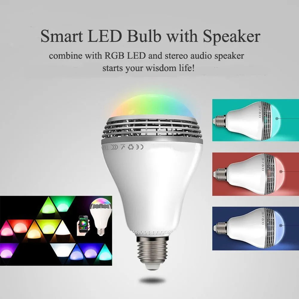White E27 smart bulb with Bluetooth speaker, showing dimensions and RGB colour illumination.