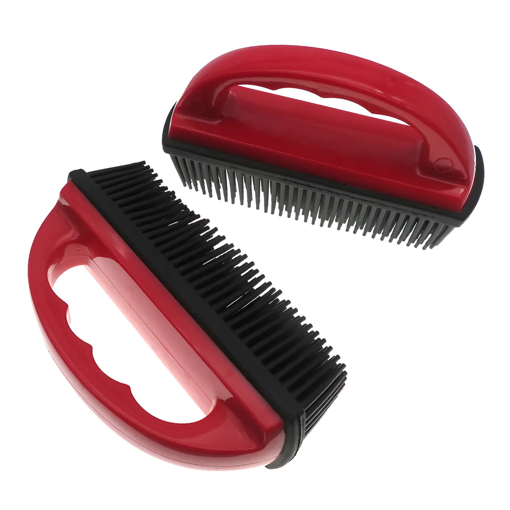 Red silicone pet hair removal brush with massage function for dog grooming and carpet cleaning