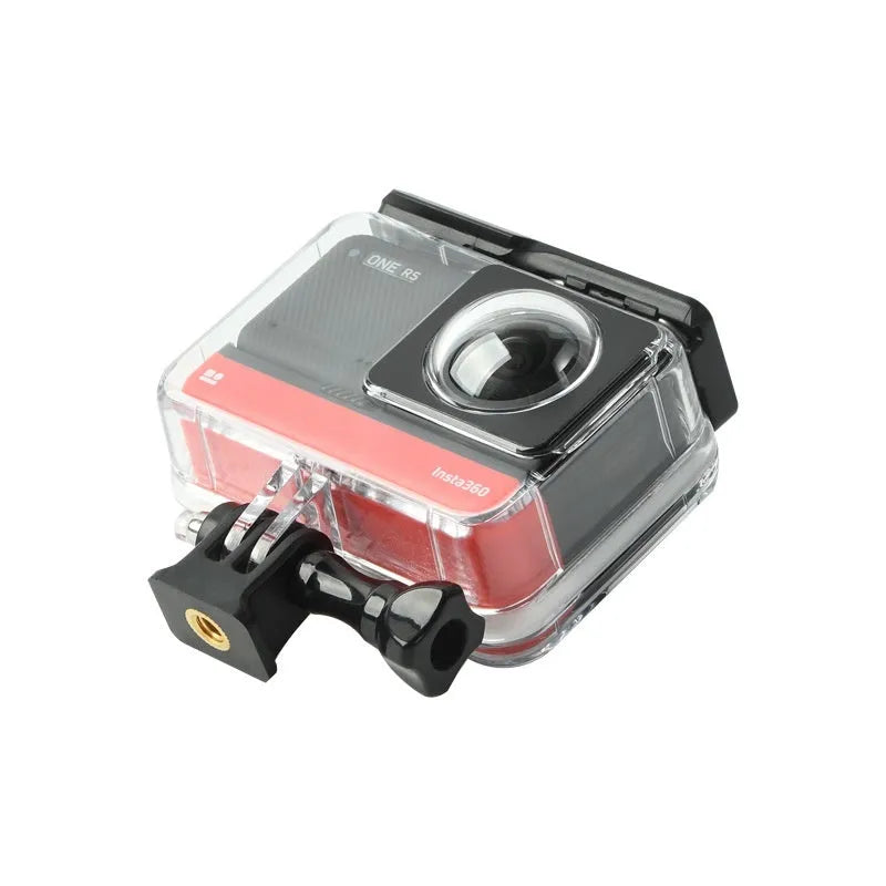 Transparent Insta360 One RS waterproof case measuring 9cm by 8cm by 4.5cm