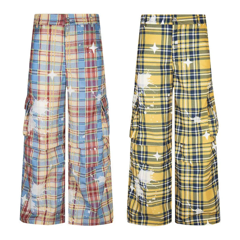 Blue and yellow plaid men's overalls with loose straight-leg cut and mid-waist styling