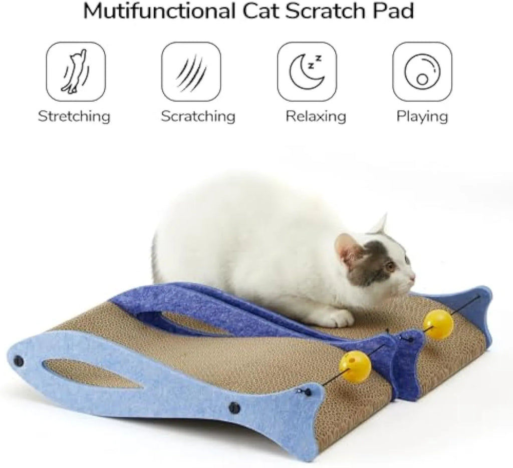 Blue fish-shaped cardboard cat scratcher lounge with a hanging bell toy for indoor cats