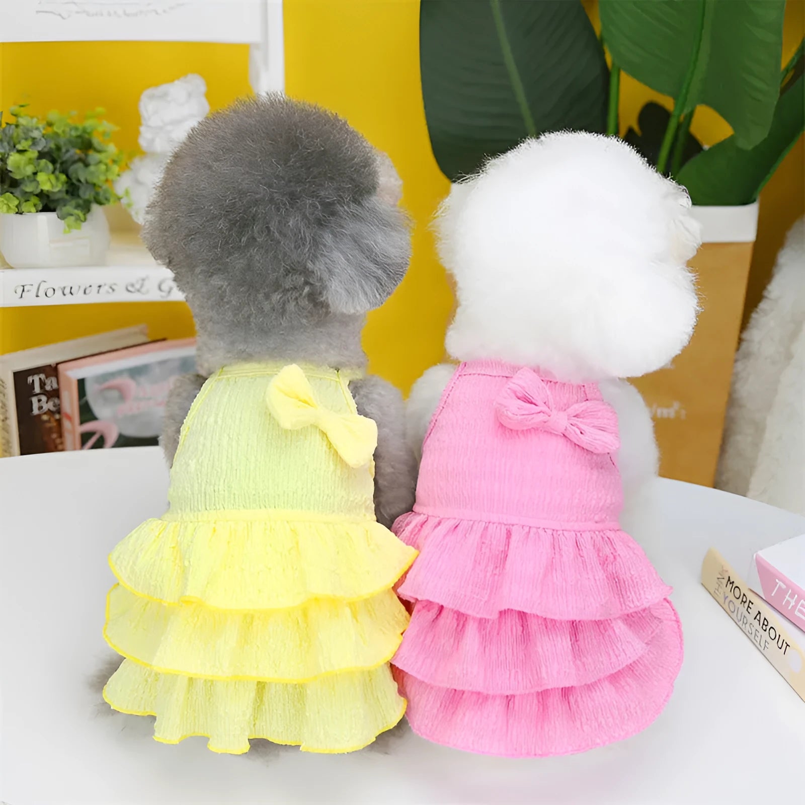 Small dog wearing princess dress with layered skirt in polyester fabric