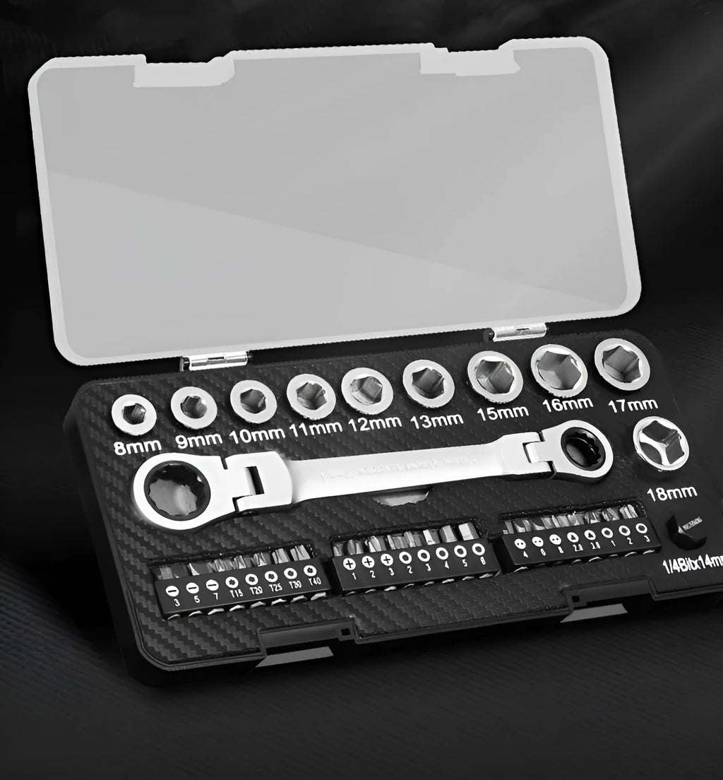RG12110 series ratchet wrench handle with a selection of 10 socket attachments and 3 screwdriver bit heads laid out on a surface.