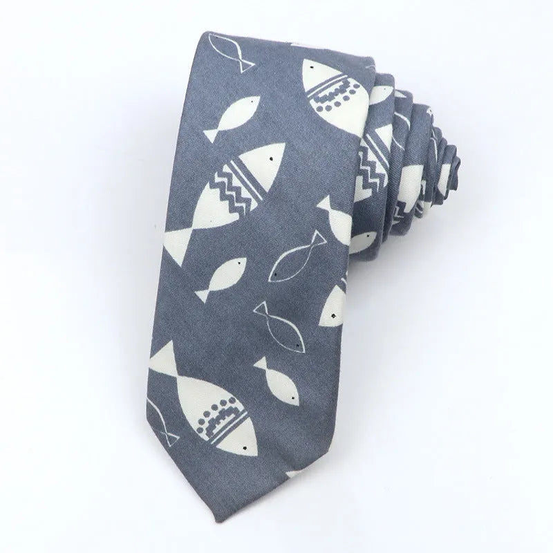 Korean style narrow men's cotton bow tie with a cartoon print pattern on an adjustable neck band.