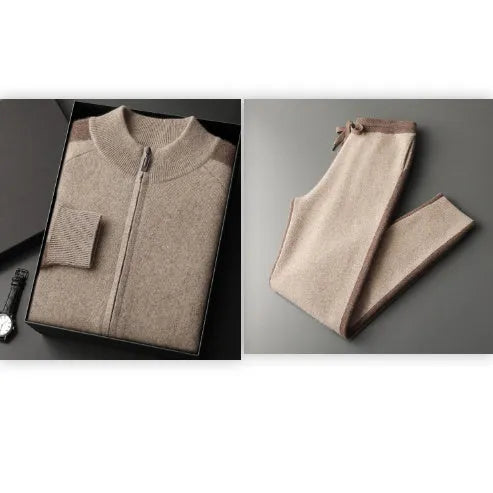 Men's camel coloured cashmere blend half turtleneck zip cardigan and trousers suit set