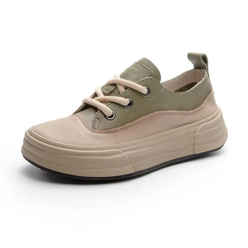 Women's leather platform sneakers in matcha green, purple, or orange with round toe and lace-up front.