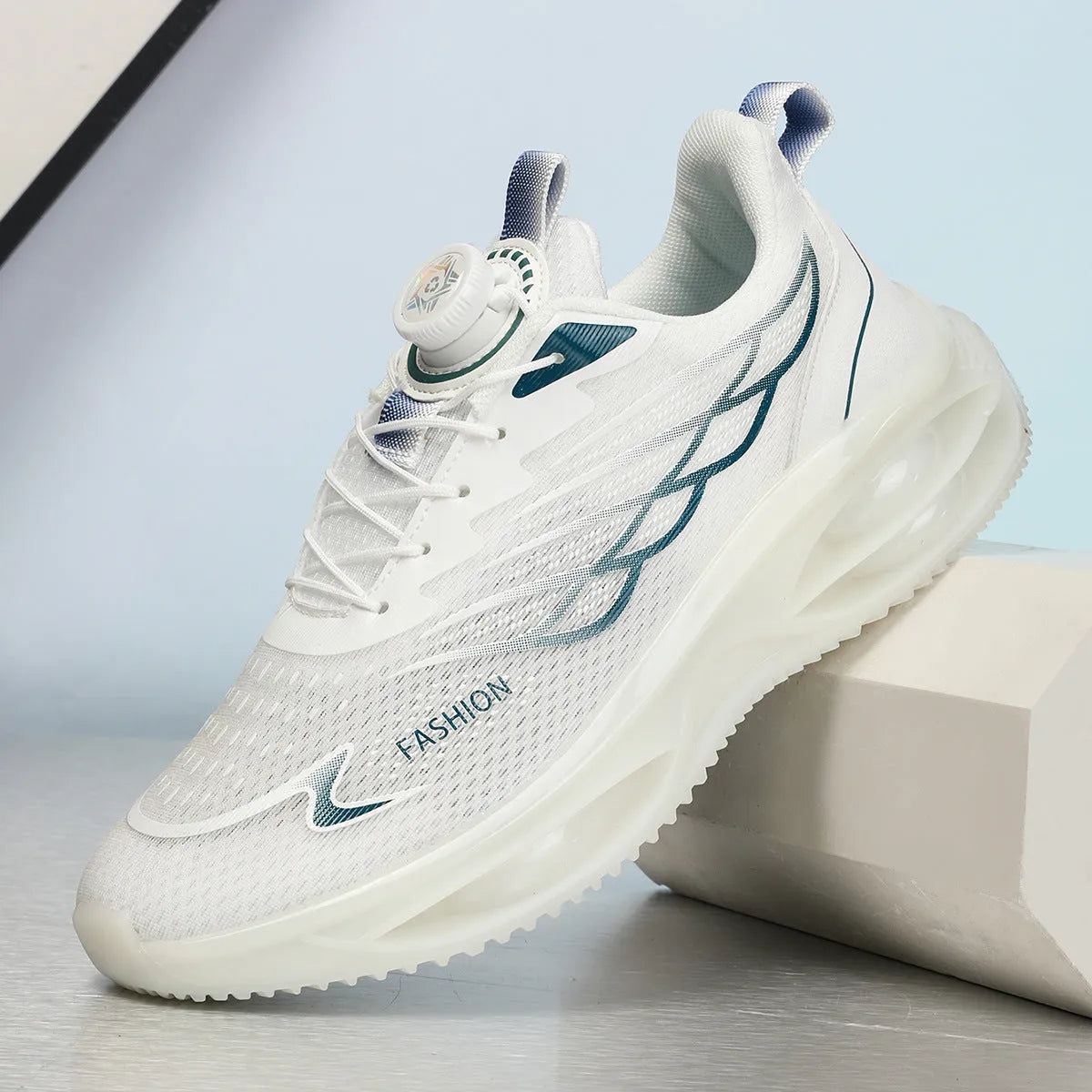Casual running shoes with mesh upper in sky blue, black gold, or white with rubber soles and front lace-up closure