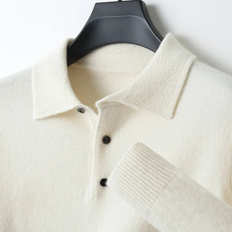 Men's grey wool pullover sweater with a polo collar and long sleeves laid flat.