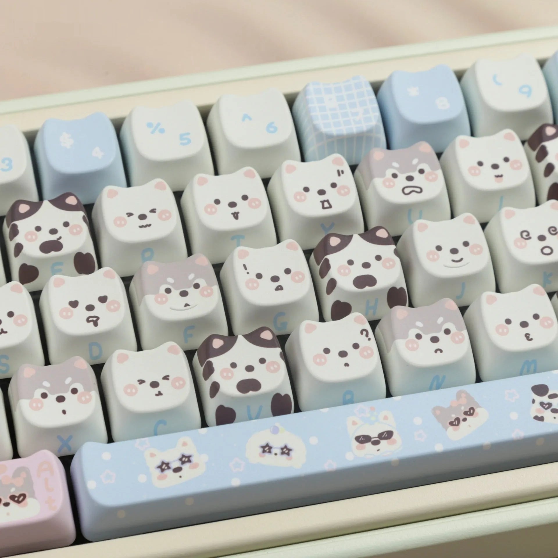 Full set of PBT plastic keycaps for mechanical keyboards with colourful sublimated cat and puppy animal designs.