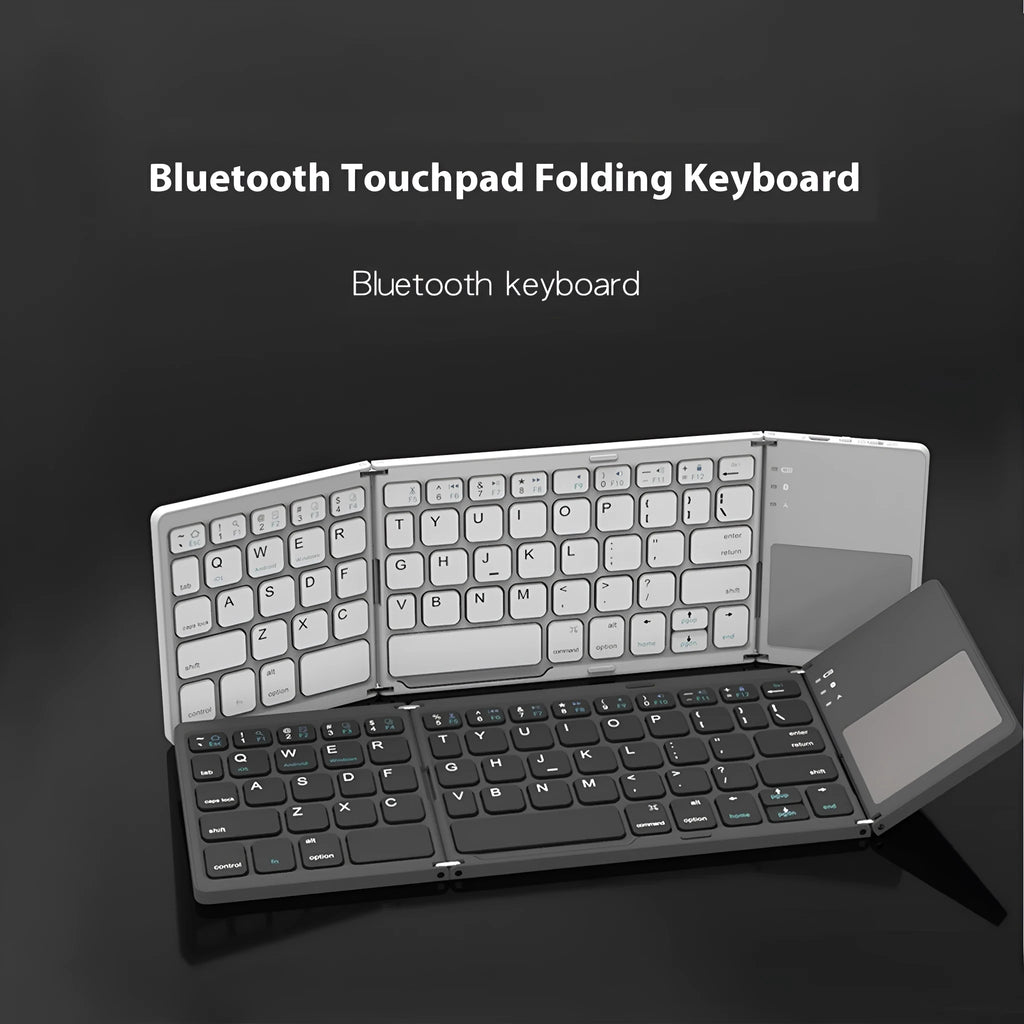 Tri-fold Bluetooth keyboard shown in black and silver colours with compact folded design