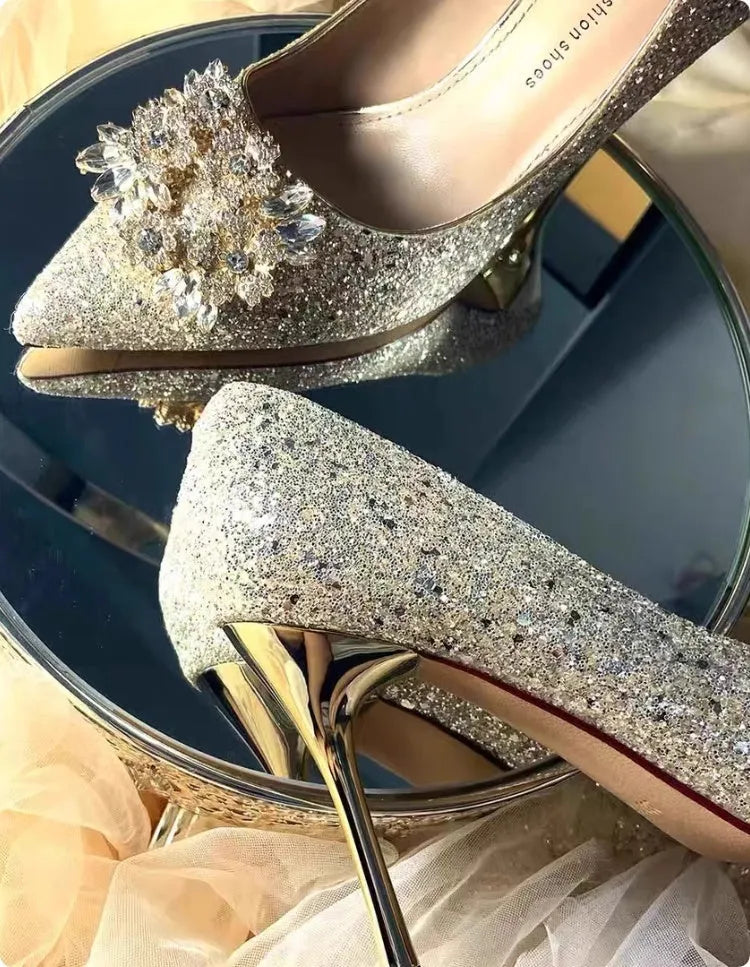 Xiuhe champagne bridal shoes with pointed toe, rhinestone decoration, and fragmented flowers pattern