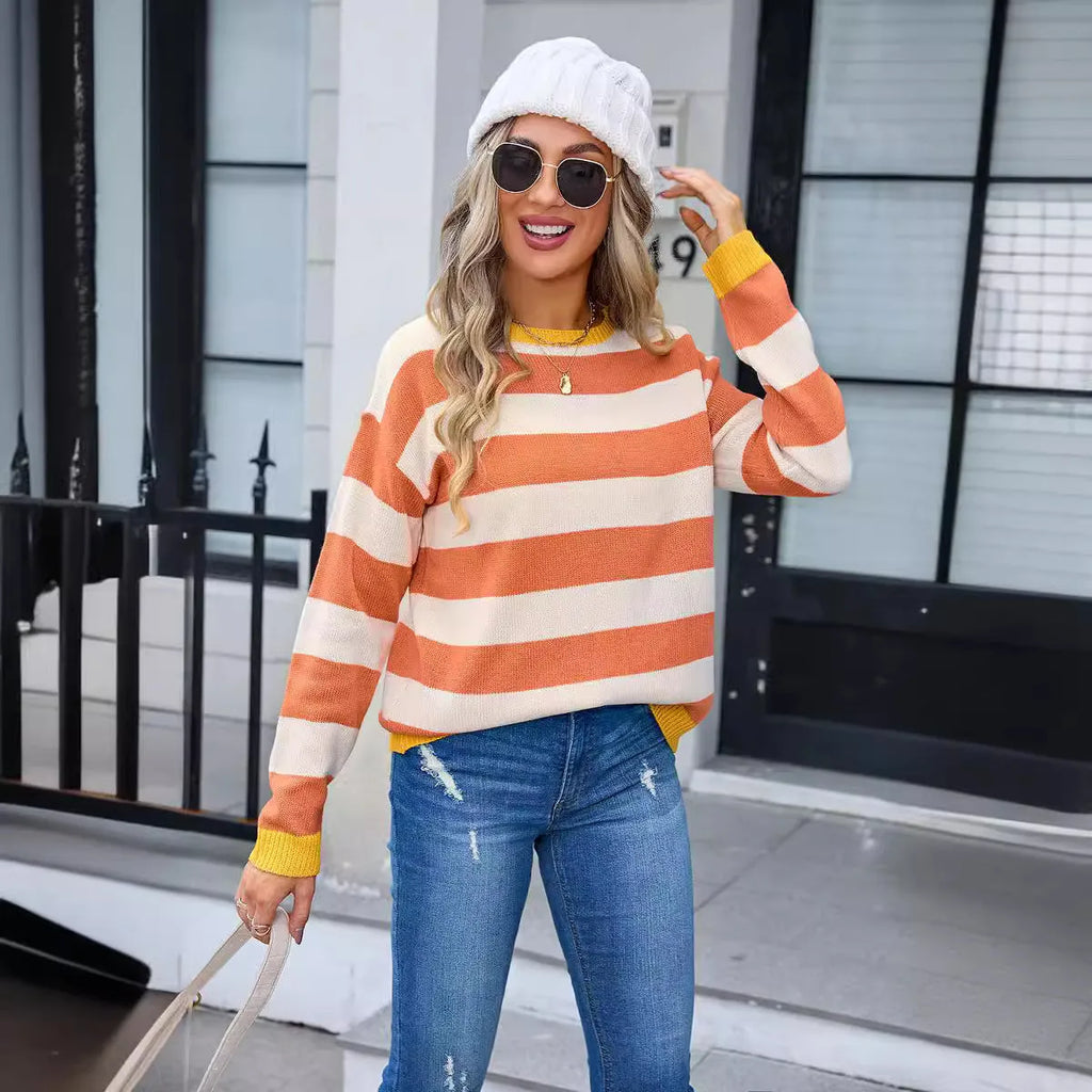 Women's loose fit long sleeve acrylic sweater in blue, round neck